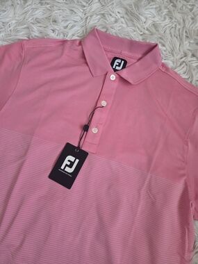 FootJoy Engineered Pin Stripe Lisle Golf Polo - Azalea/White  Size M, NWT